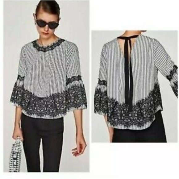 Zara Woman Striped Top Lace Overlay Size Large Black & White Bell Sleeves - Picture 3 of 16